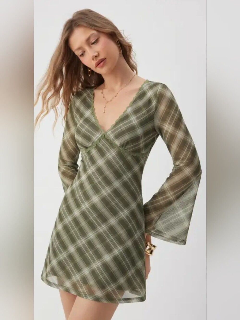 Brand New Cider Olive Green Lace-Trim Mini Slip Dress